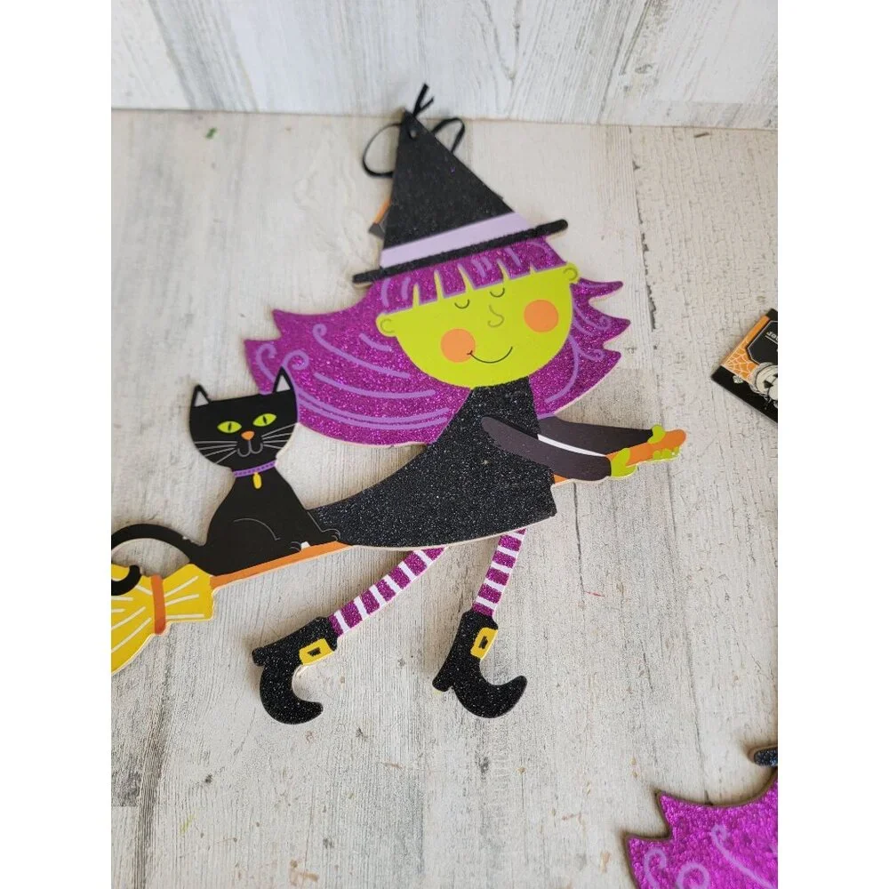 Glitter witch broom set cat AS IS Halloween sign hanging decor‎
